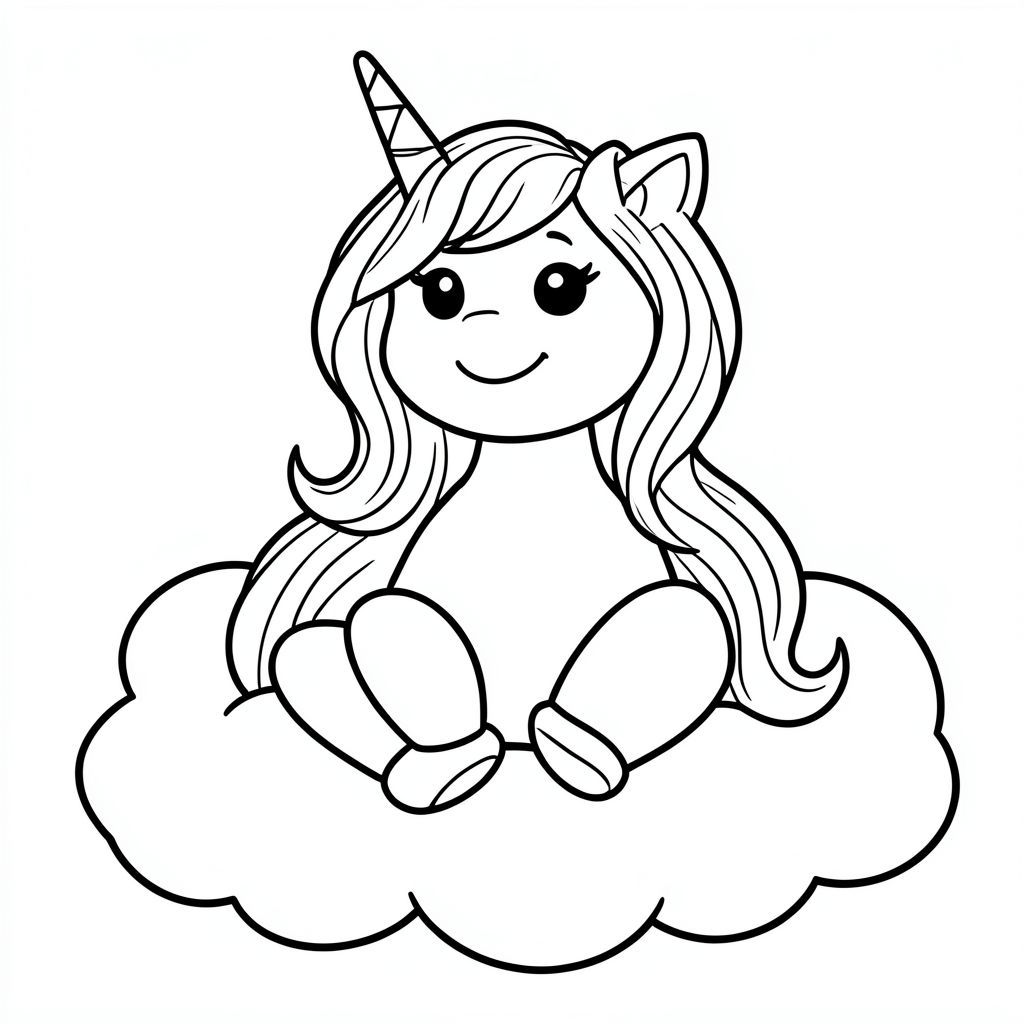 Kỳ lân hạnh phúc với bờm cầu vồng, ngồi trên mây, nghệ thuật đường nét, cho trẻ em tô màu"