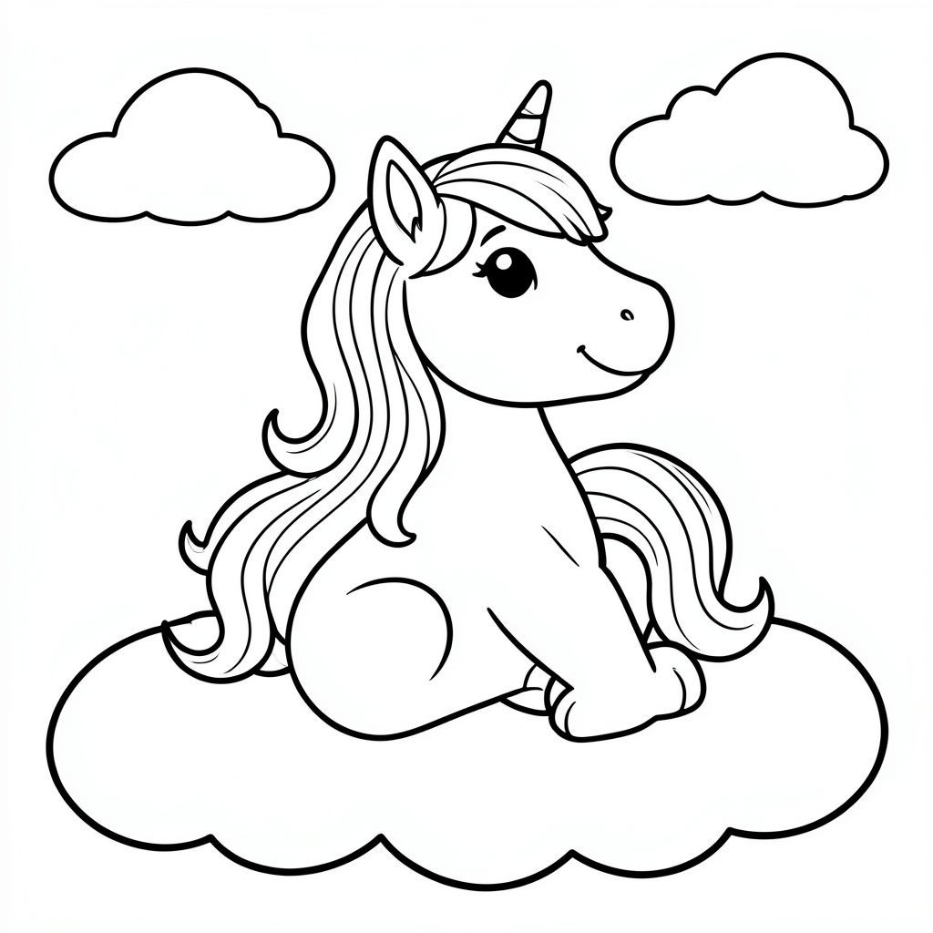 Kỳ lân hạnh phúc với bờm cầu vồng, ngồi trên mây và mây trên bầu trời, nghệ thuật đường nét, dành cho trẻ em tô màu"