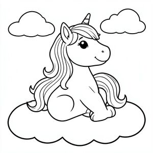 Kỳ lân hạnh phúc với bờm cầu vồng, ngồi trên mây và mây trên bầu trời, nghệ thuật đường nét, dành cho trẻ em tô màu"
