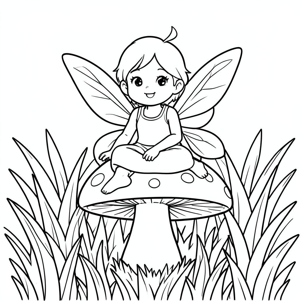 Tiên nữ ma thuật ngồi trên một cây nấm, và nền với rất nhiều cỏ phác thảo đen trắng đơn giản để tô màu"