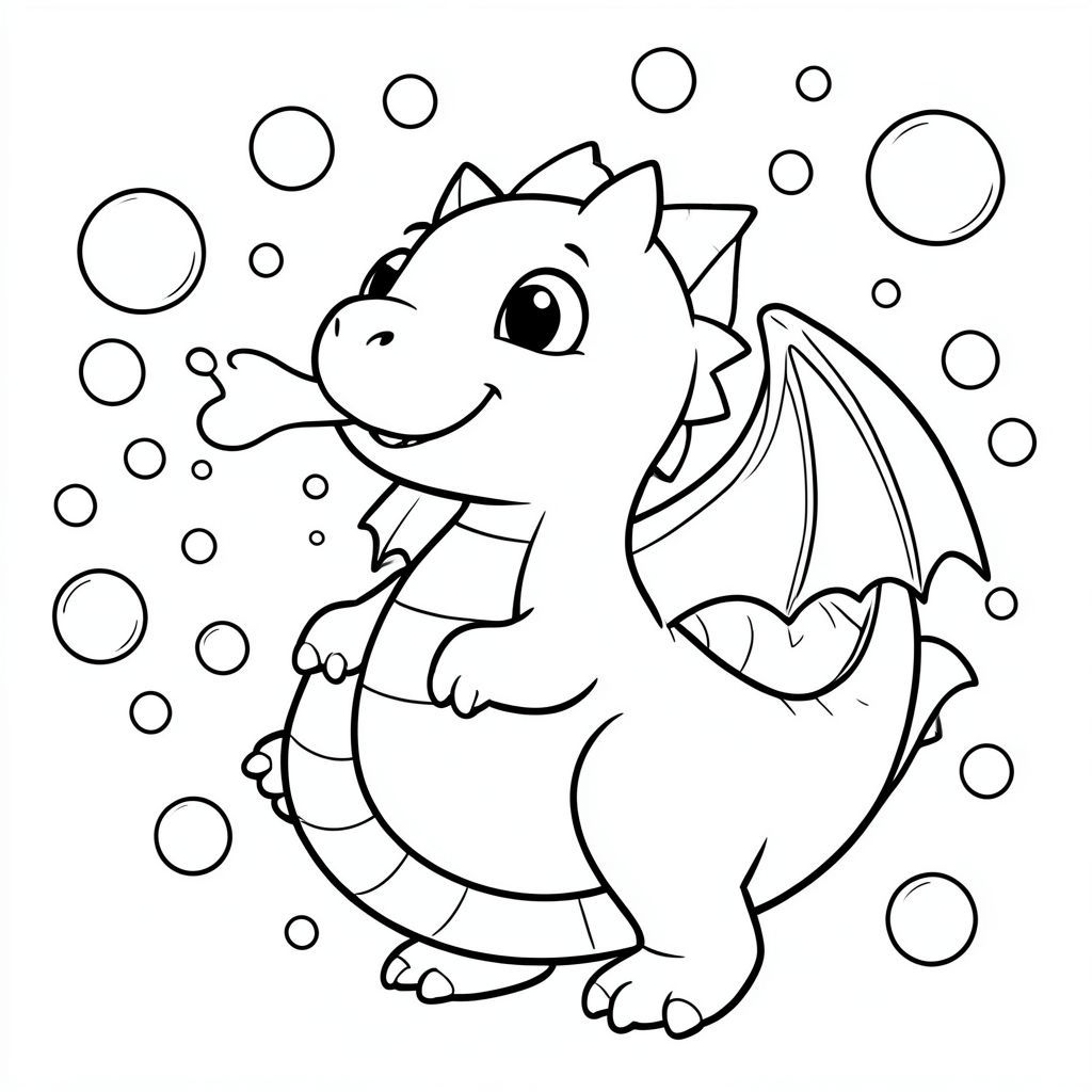 Bong bóng thở rồng thân thiện, rất nhiều bong bóng xung quanh phong cách hoạt hình rồng, trang tô màu trẻ em "