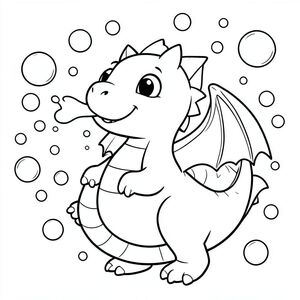 Bong bóng thở rồng thân thiện, rất nhiều bong bóng xung quanh phong cách hoạt hình rồng, trang tô màu trẻ em "