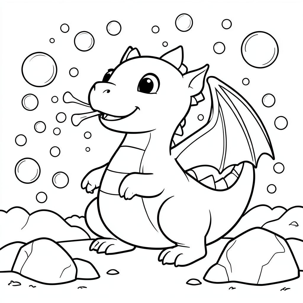 Bong bóng thở rồng thân thiện, rất nhiều bong bóng xung quanh rồng và đá theo phong cách hoạt hình mặt đất, trang tô màu trẻ em "