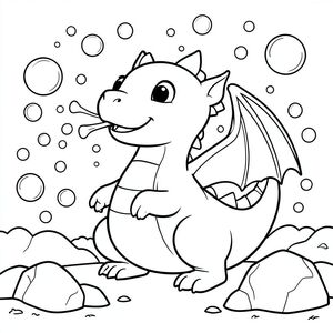 Bong bóng thở rồng thân thiện, rất nhiều bong bóng xung quanh rồng và đá theo phong cách hoạt hình mặt đất, trang tô màu trẻ em "