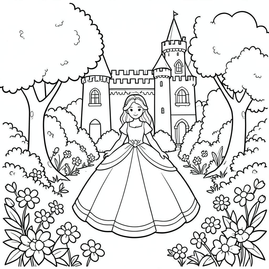 Công chúa trong một khu vườn lâu đài, xung quanh cây và bụi hoa nghệ thuật đường nét đen trắng đơn giản cho trẻ em "