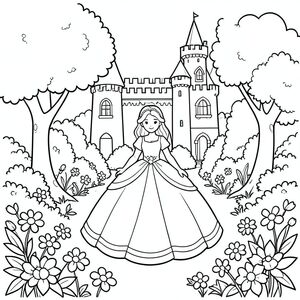 Công chúa trong một khu vườn lâu đài, xung quanh cây và bụi hoa nghệ thuật đường nét đen trắng đơn giản cho trẻ em "