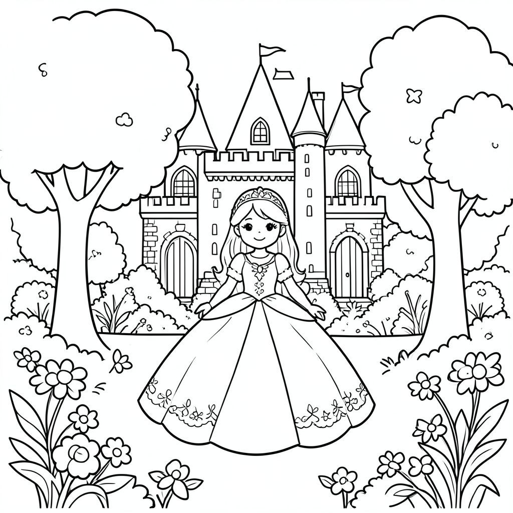 Công chúa trong một khu vườn lâu đài, xung quanh cây nghệ thuật đường nét đen trắng đơn giản cho trẻ em"