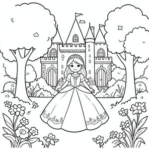 Công chúa trong một khu vườn lâu đài, xung quanh cây nghệ thuật đường nét đen trắng đơn giản cho trẻ em"