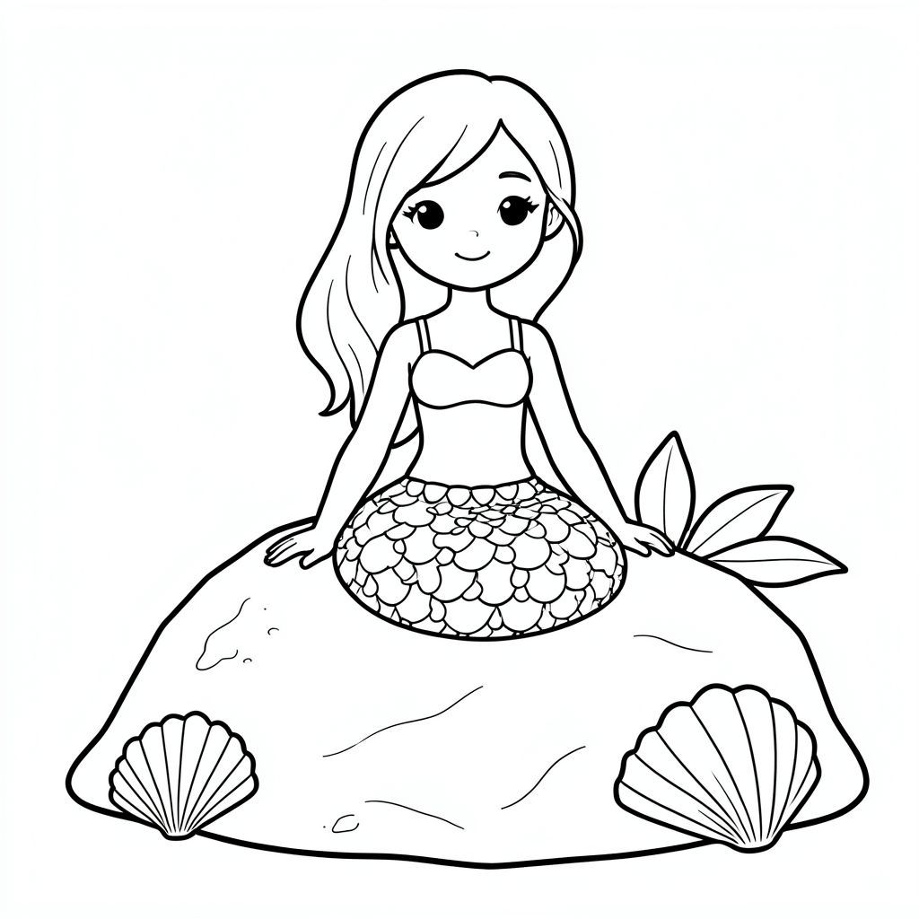 Nàng tiên cá ngồi trên một tảng đá với vỏ sò, vẽ đường nét hoạt hình, tranh tô màu trẻ em"