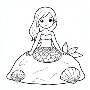 Nàng tiên cá ngồi trên một tảng đá với vỏ sò, vẽ đường nét hoạt hình, tranh tô màu trẻ em"