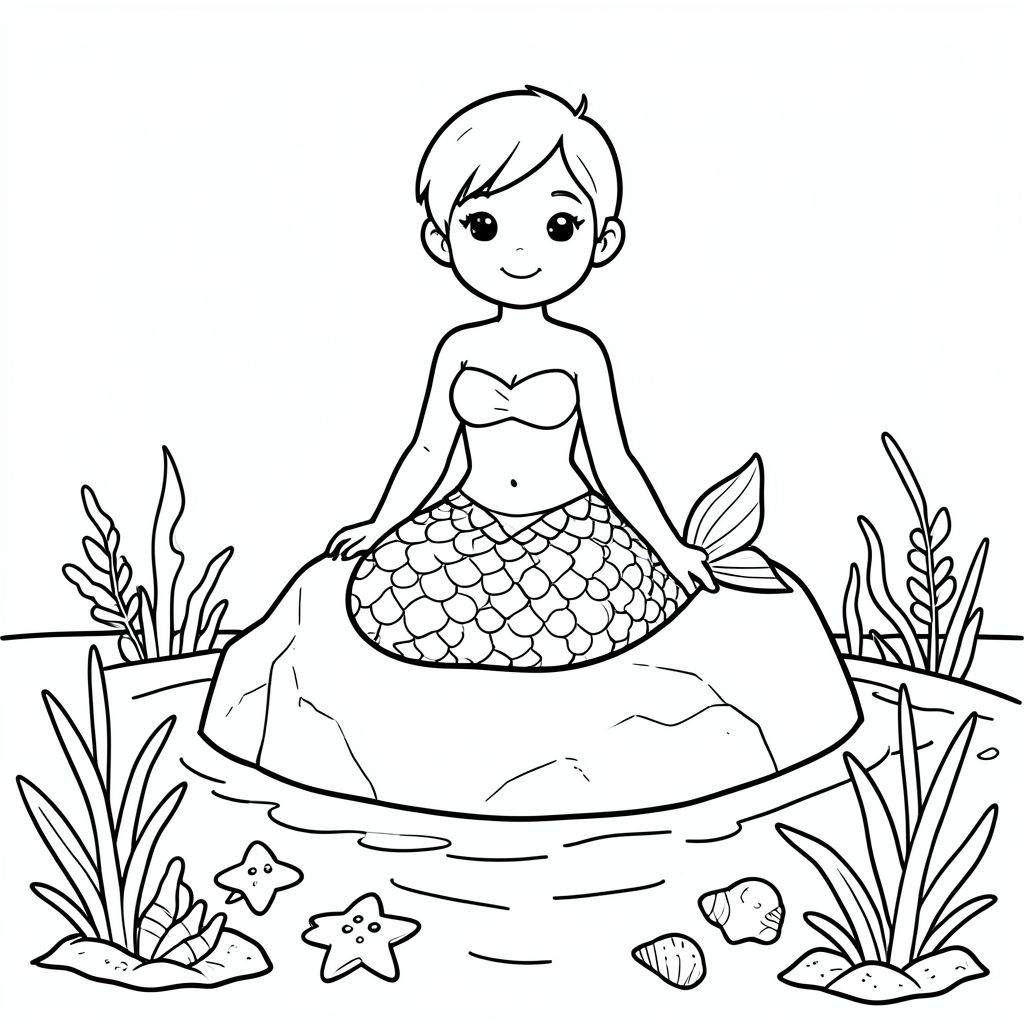 Nàng tiên cá ngồi trên một tảng đá có vỏ sò, xung quanh nước, sao cá, thực vật thủy sinh vẽ đường hoạt hình, trang tô màu trẻ em"