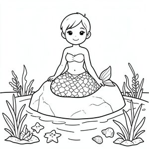 Nàng tiên cá ngồi trên một tảng đá có vỏ sò, xung quanh nước, sao cá, thực vật thủy sinh vẽ đường hoạt hình, trang tô màu trẻ em"