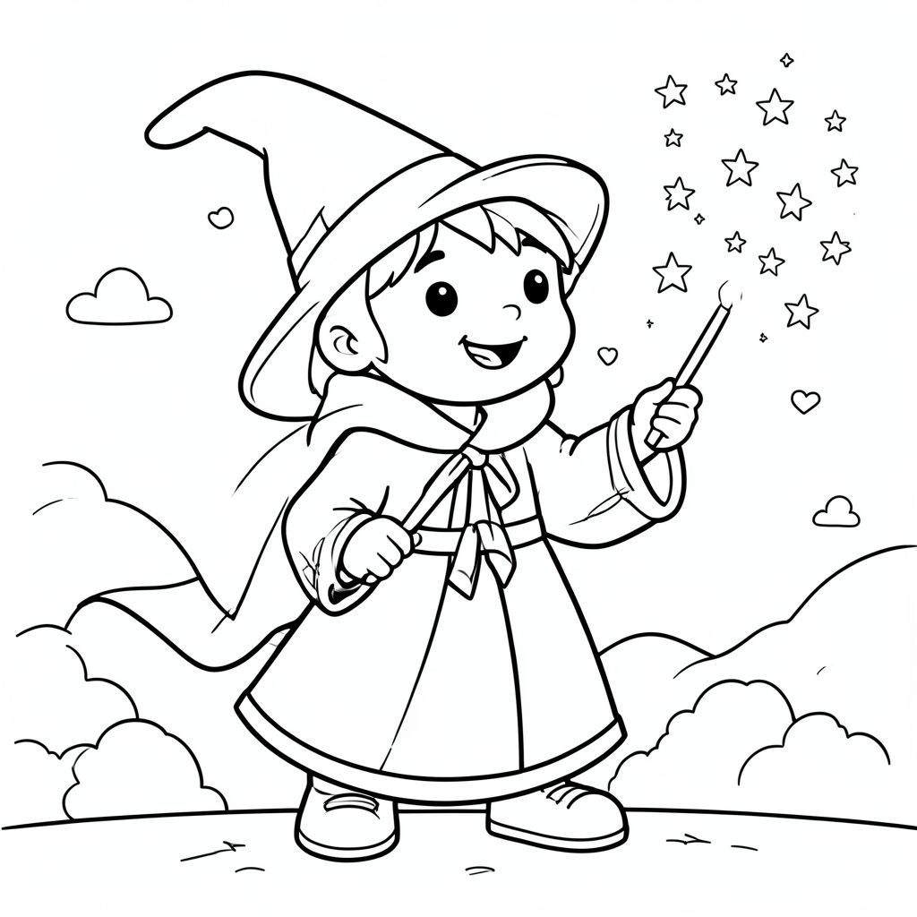 Phép thuật đúc phù thủy thân thiện, phác thảo đơn giản, trang tô màu có thể in được"