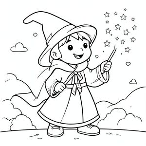 Phép thuật đúc phù thủy thân thiện, phác thảo đơn giản, trang tô màu có thể in được"