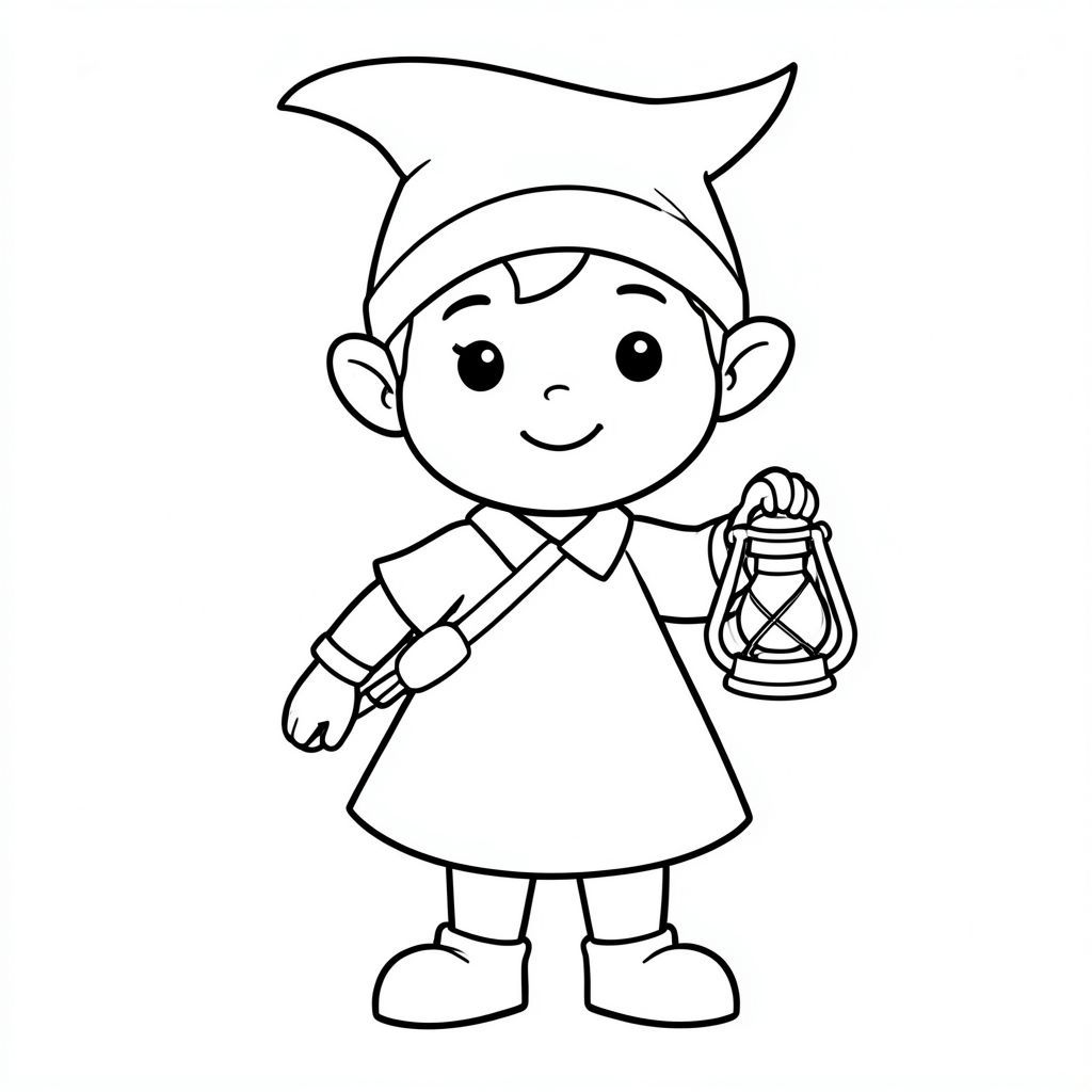 Yêu tinh dễ thương cầm đèn lồng, nghệ thuật đường nét đen trắng cho trẻ em"

