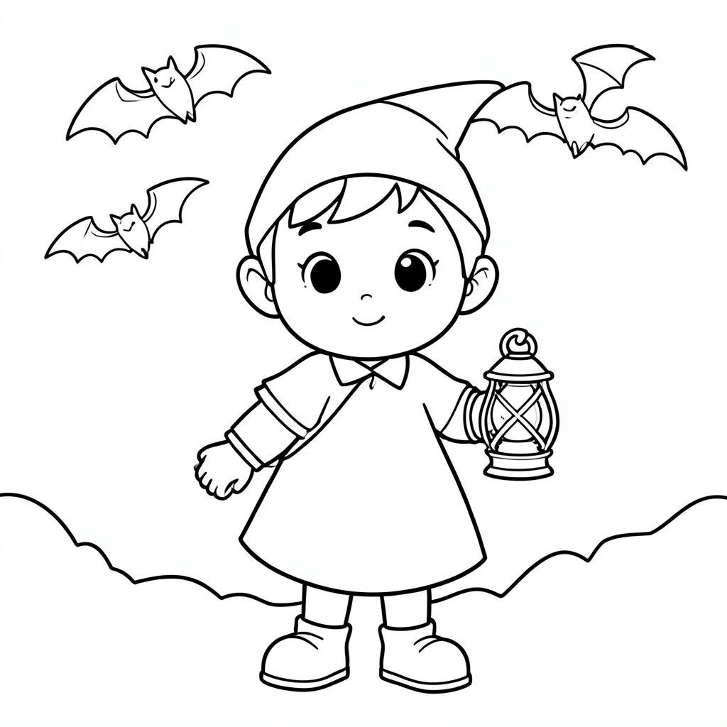 Yêu tinh dễ thương cầm đèn lồng, dơi bay trên mặt đất đen trắng nghệ thuật cho trẻ em"

