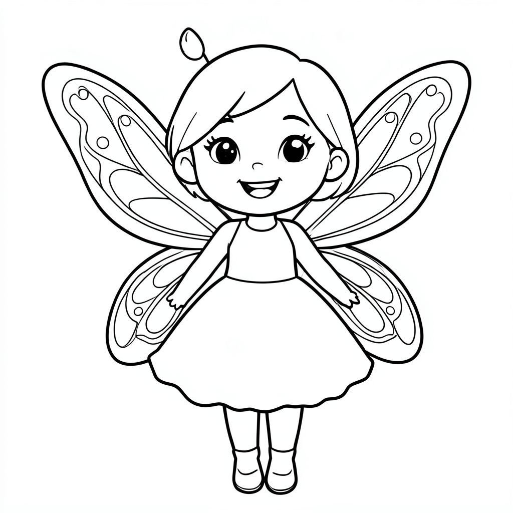 Nàng tiên mỉm cười với đôi cánh bướm, phong cách hoạt hình, trang tô màu cho trẻ em"
