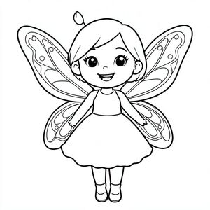 Nàng tiên mỉm cười với đôi cánh bướm, phong cách hoạt hình, trang tô màu cho trẻ em"