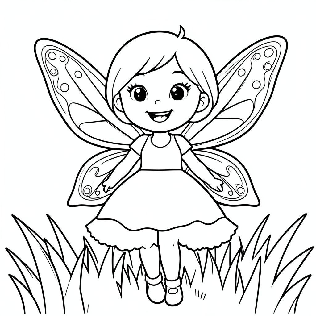 Nàng tiên mỉm cười với đôi cánh bướm, phong cách hoạt hình nền cỏ, trang tô màu cho trẻ em"