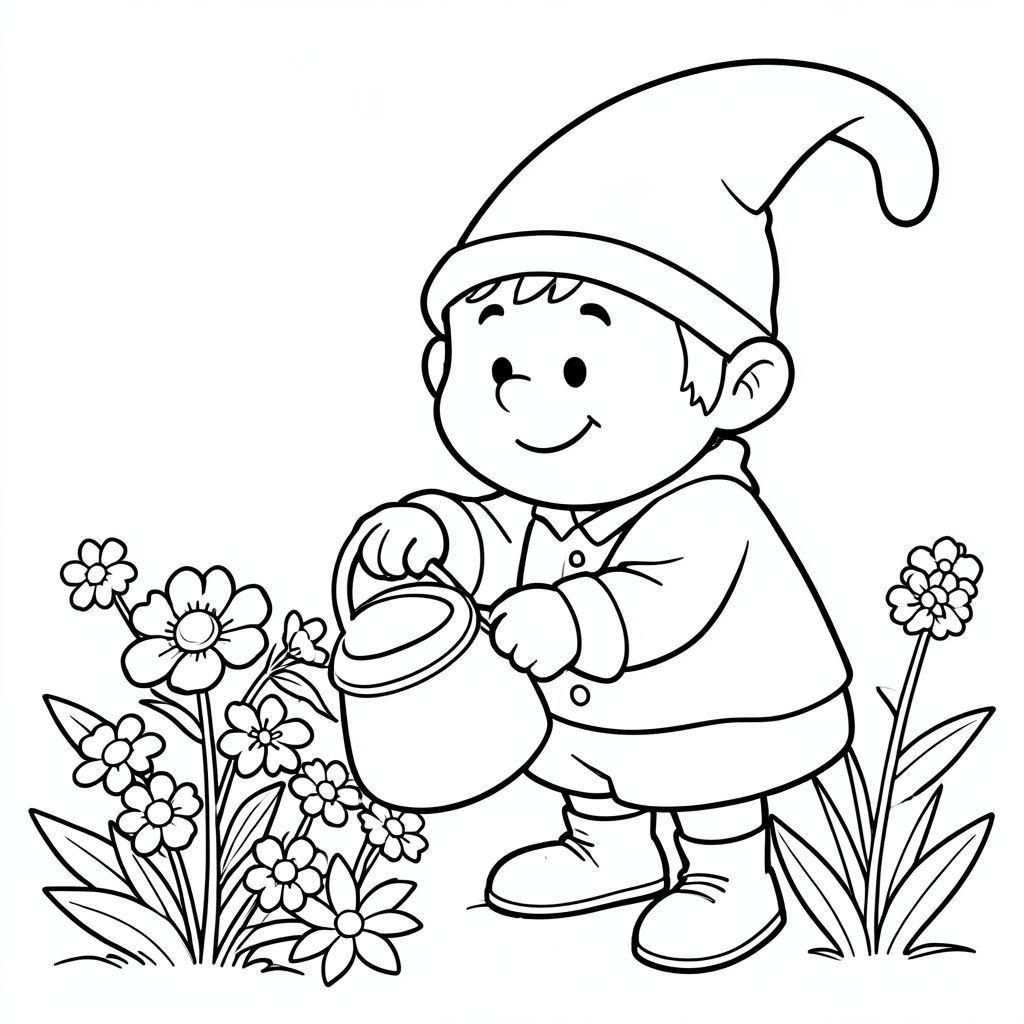 Gnome thân thiện tưới hoa, phác thảo phim hoạt hình đen trắng để tô màu"