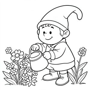 Gnome thân thiện tưới hoa, phác thảo phim hoạt hình đen trắng để tô màu"