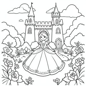 "Công chúa trong vườn lâu đài, nghệ thuật đường nét đen trắng đơn giản cho trẻ em"