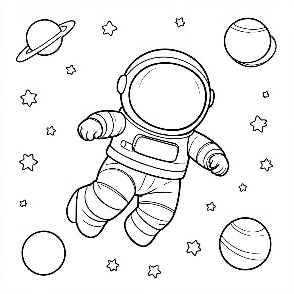 "Phi hành gia nhỏ lơ lửng trong không gian với các ngôi sao và hành tinh, trang tô màu đen trắng"