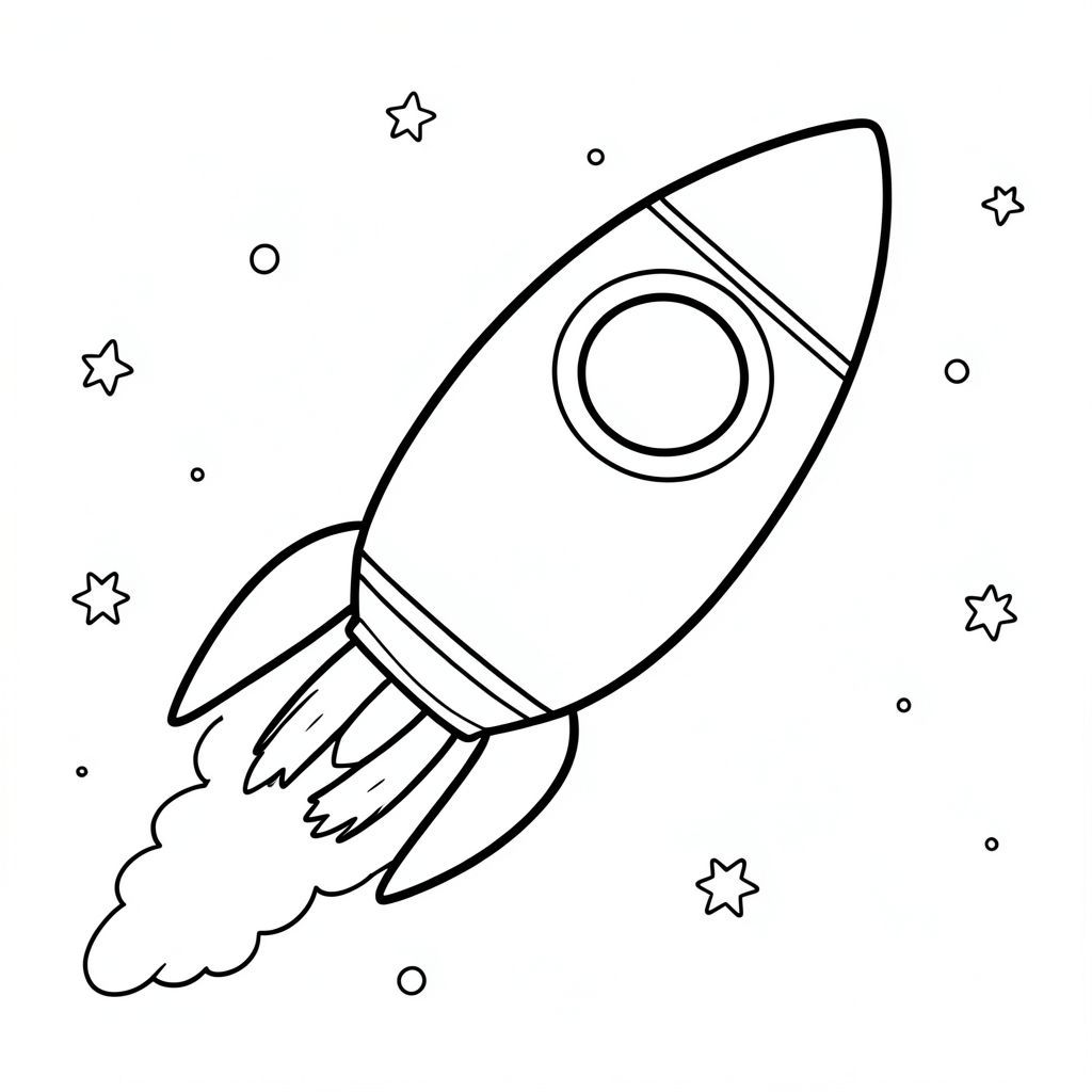 Tàu tên lửa thân thiện bay trong không gian, phác thảo đơn giản cho trẻ em"