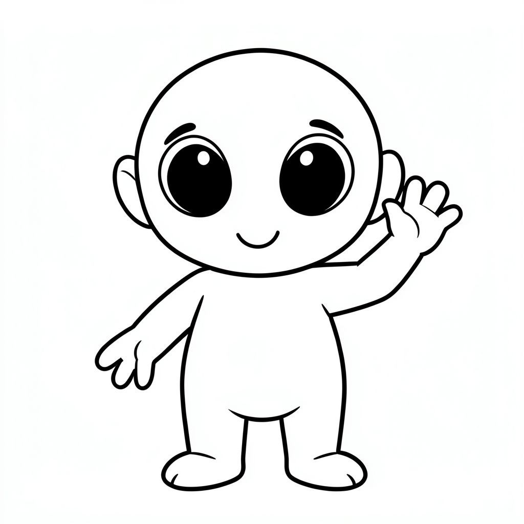 Người ngoài hành tinh dễ thương vẫy tay xin chào, nghệ thuật đường nét hoạt hình, tranh tô màu trẻ em "