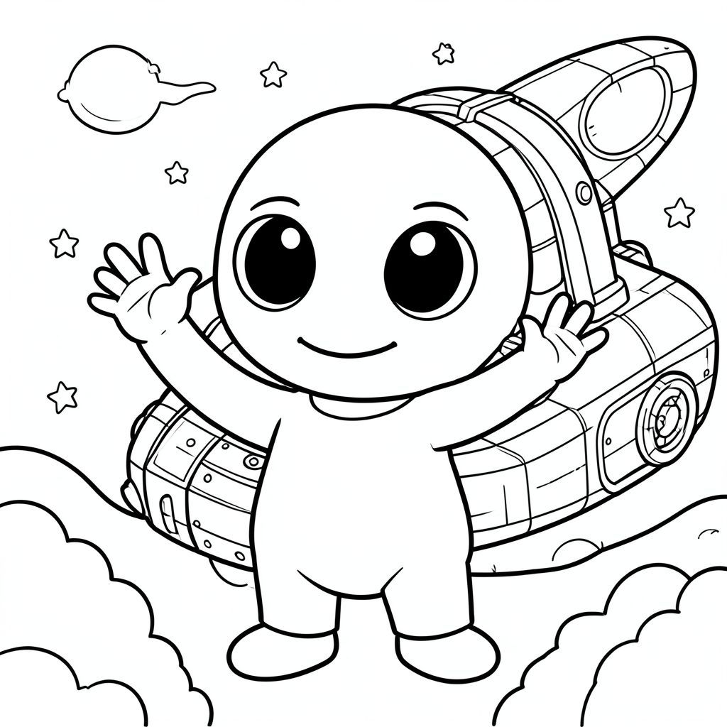 Người ngoài hành tinh dễ thương vẫy tay xin chào, với backgroung của nghệ thuật hoạt hình tàu vũ trụ, trang tô màu trẻ em "