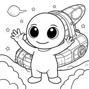 Người ngoài hành tinh dễ thương vẫy tay xin chào, với backgroung của nghệ thuật hoạt hình tàu vũ trụ, trang tô màu trẻ em "