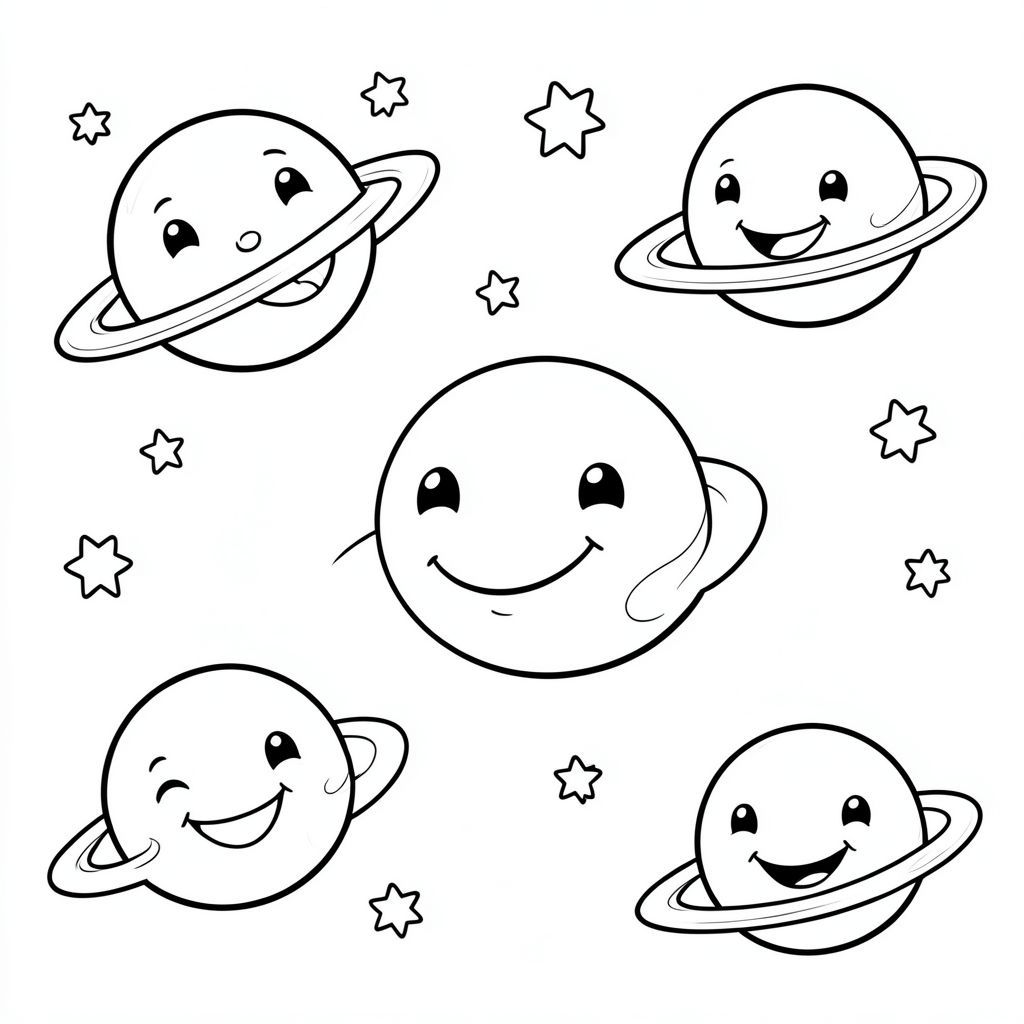 Những hành tinh mỉm cười với những vì sao, đường viền đen trắng đơn giản cho trẻ em"