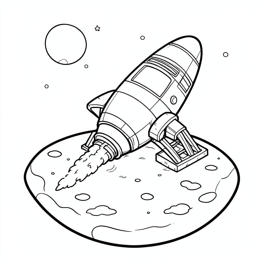 Tàu vũ trụ hạ cánh trên mặt trăng, phong cách hoạt hình, trang tô màu có thể in được"