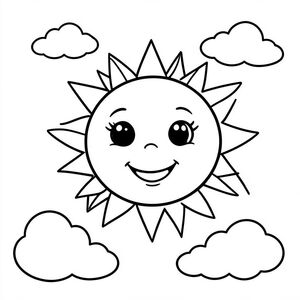 Mặt trời mỉm cười với mây và chim, phác thảo đơn giản cho trang tô màu trẻ em"