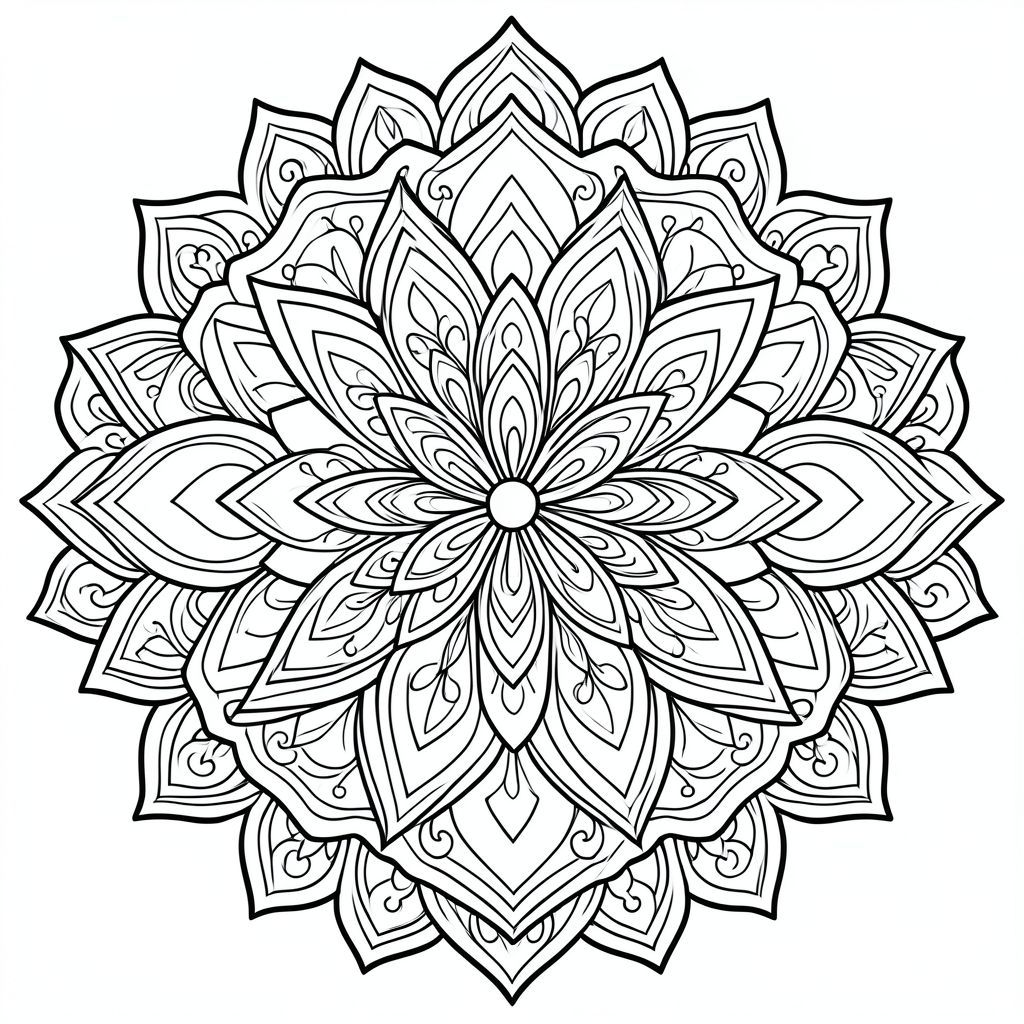 Tranh tô màu mandala phức tạp, thiết kế mandala đối xứng, nghệ thuật đường nét đen trắng, đường viền dày, không đổ bóng