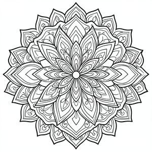 Tranh tô màu mandala phức tạp, thiết kế mandala đối xứng, nghệ thuật đường nét đen trắng, đường viền dày, không đổ bóng