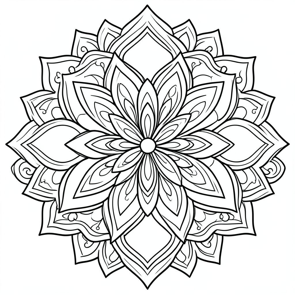 trang màu, thiết kế mandala đối xứng, nghệ thuật đường nét đen trắng, đường viền dày, không đổ bóng