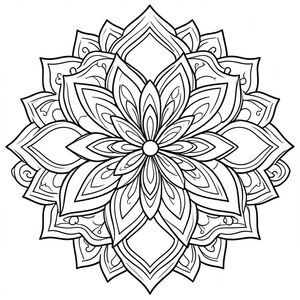 trang màu, thiết kế mandala đối xứng, nghệ thuật đường nét đen trắng, đường viền dày, không đổ bóng