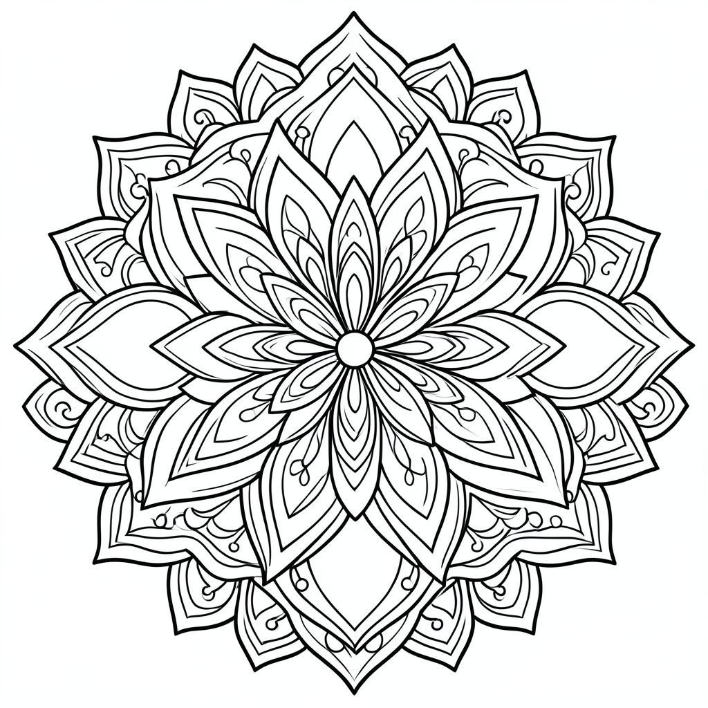Tranh tô màu rất sáng tạo, thiết kế mandala đối xứng, nghệ thuật đường nét đen trắng, đường viền dày, không đổ bóng