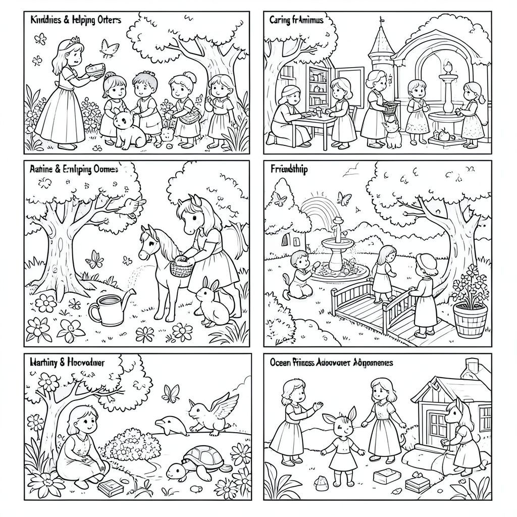 Sách tô màu công chúa - Lời nhắc 50 trang
Lòng tốt và giúp đỡ người khác

Công chúa giúp một chú chó con bị lạc tìm thấy ngôi nhà của nó trong một vườn hoa.

Công chúa đưa thức ăn cho trẻ em làng đói dưới một cái cây lớn.

Công chúa giúp một bà già mang một giỏ táo.

Công chúa chia sẻ đồ chơi với bạn bè trong sân lâu đài.

Công chúa an ủi một đứa trẻ đang khóc bằng một cái ôm nhẹ nhàng.

Chăm sóc động vật

Công chúa cho chim ăn gần đài phun nước lâu đài.

Công chúa giải cứu một chú mèo con bị mắc kẹt trên cây.

Công chúa nhẹ nhàng chăm sóc một con chim bị thương.

Công chúa tặng cà rốt cho một chú thỏ thân thiện trong rừng.

Công chúa chải lông một con ngựa trong chuồng ngựa hoàng gia.

Thiên nhiên & Môi trường

Công chúa trồng một cây nhỏ trong khu vườn hoàng gia.

Công chúa tưới hoa bằng bình tưới.

Công chúa nhặt rác trong công viên để giữ cho nó sạch sẽ.

Công chúa ngắm bướm trên đồng cỏ hoa.

Công chúa bảo vệ rùa con đi về phía đại dương.

Học tập và đọc

Công chúa đọc sách truyện dưới gốc cây với trẻ em.

Công chúa học với sách trong thư viện lâu đài.

Công chúa dạy chữ cái bảng chữ cái cho trẻ em trong làng.

Công chúa vẽ tranh bằng bút chì màu tại một chiếc bàn nhỏ.

Công chúa viết nhật ký bên cạnh cửa sổ.

Tình bạn

Công chúa chơi nhảy dây với bạn bè.

Công chúa có một bữa tiệc trà với bạn bè trong vườn.

Công chúa tặng một chiếc vòng tay tình bạn cho người bạn thân nhất của mình.

Công chúa và người bạn của cô ấy xây dựng một lâu đài cát.

Công chúa giúp một người bạn đứng dậy sau khi ngã.

Trung thực và hành vi tốt

Công chúa trả lại vương miện đã mất cho nữ hoàng.

Công chúa nói lời xin lỗi sau khi vô tình làm vỡ một món đồ chơi.

Công chúa nói sự thật với nhà vua.

Công chúa giúp dọn dẹp sảnh lâu đài.

Công chúa đặt sách gọn gàng trở lại kệ.

Công chúa phiêu lưu

Công chúa khám phá khu rừng kỳ diệu với đèn lồng.

Công chúa cưỡi ngựa qua một ngôi làng yên bình.

Công chúa đi bộ qua một cây cầu gỗ nhỏ bắc qua một con sông.

Công chúa phát hiện ra một rương kho báu ẩn giấu trong rừng.

Công chúa ngắm cầu vồng gần một tòa tháp lâu đài.

Công chúa & Sinh vật tưởng tượng

Công chúa cho một con rồng thân thiện ăn.

Công chúa cưỡi một con kỳ lân xinh đẹp trên đồng cỏ.

Công chúa nói chuyện với một nàng tiên trong một khu vườn kỳ diệu.

Công chúa giúp một con rồng con học bay.

Công chúa bay cùng các nàng tiên xung quanh một tòa tháp lâu đài.

Cuộc phiêu lưu của công chúa đại dương

Công chúa ngồi trên tảng đá ngắm cá heo nhảy.

Công chúa khám phá vỏ sò trên bãi biển.

Công chúa giúp một con rùa đến đại dương.

Công chúa cưỡi thuyền với các sinh vật biển thân thiện như cá mập thời tiền sử Megalodon.

Công chúa khám phá đại dương với loài bò sát biển khổng lồ Mosasaurus bơi gần đó.

Khoảnh khắc công chúa kỳ diệu

Công chúa trang trí cây thông Noel trong lâu đài.

Công chúa nướng bánh cupcake trong nhà bếp hoàng gia.

Công chúa nhảy múa trong một phòng khiêu vũ lớn với ánh đèn lấp lánh.

Công chúa thả diều trên cánh đồng lộng gió.

Công chúa ngắm pháo hoa trên lâu đài vào ban đêm.