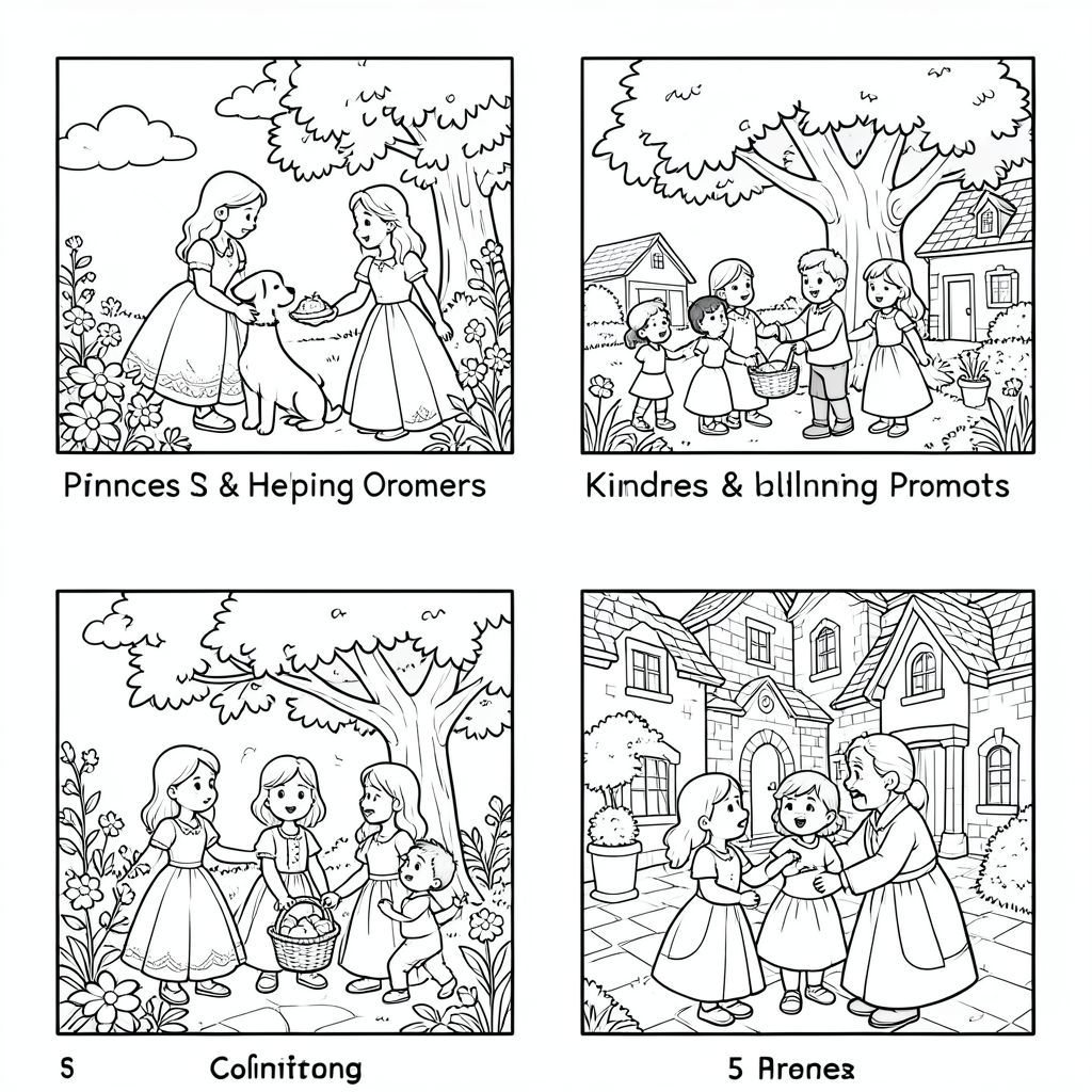 Princess Coloring Book – 5 Page Prompts
Kindness & Helping Others

Princess helping a lost puppy find its home in a flower garden.

Princess giving food to hungry village children under a big tree.

Princess helping an elderly lady carry a basket of apples.

Princess sharing toys with her friends in the castle courtyard.

Princess comforting a crying child with a gentle hug.