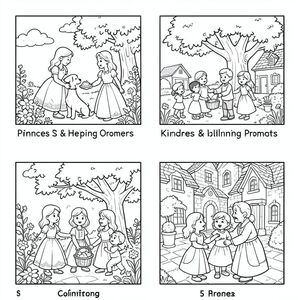 Princess Coloring Book – 5 Page Prompts
Kindness & Helping Others

Princess helping a lost puppy find its home in a flower garden.

Princess giving food to hungry village children under a big tree.

Princess helping an elderly lady carry a basket of apples.

Princess sharing toys with her friends in the castle courtyard.

Princess comforting a crying child with a gentle hug.