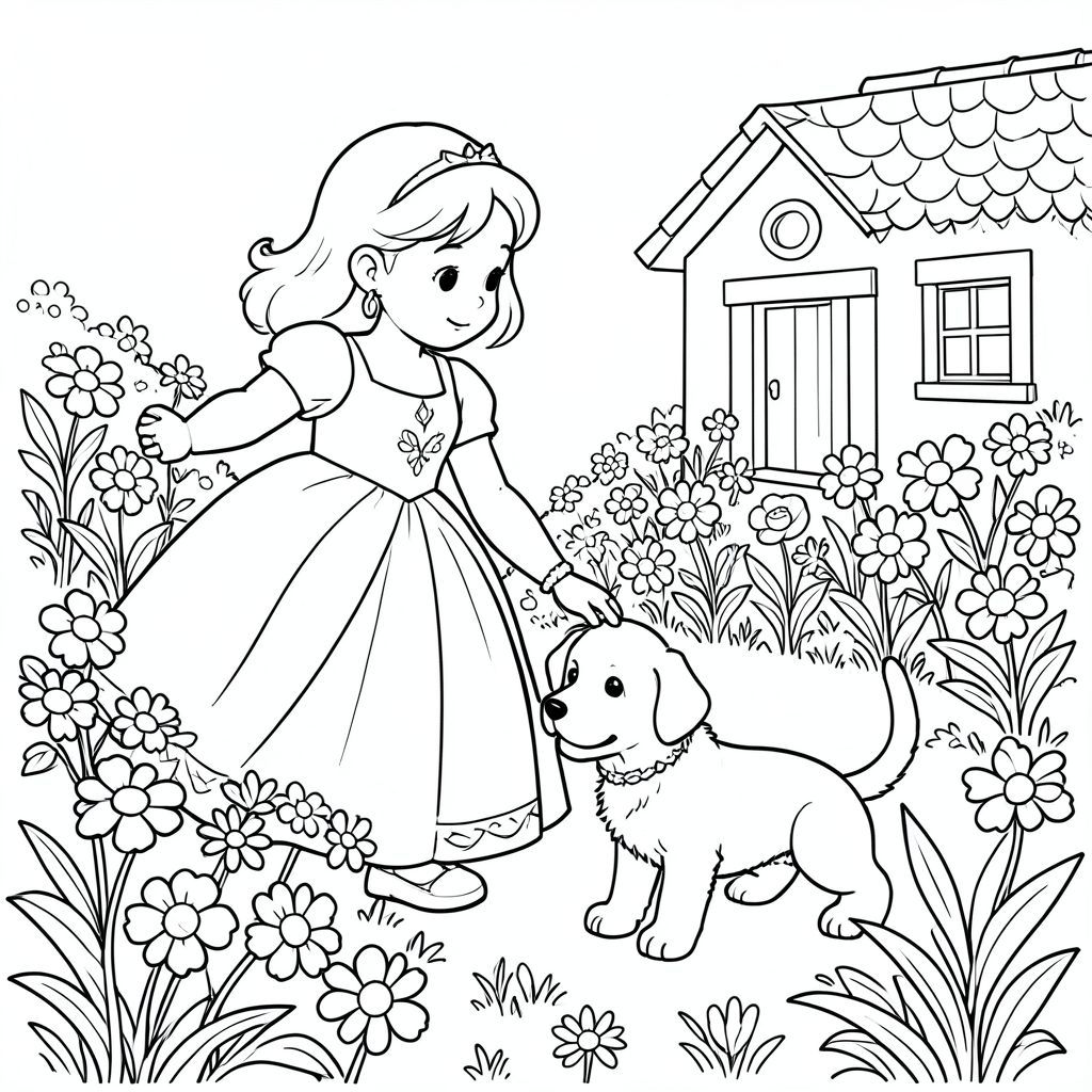 Princess helping a lost puppy find its home in a flower garden.