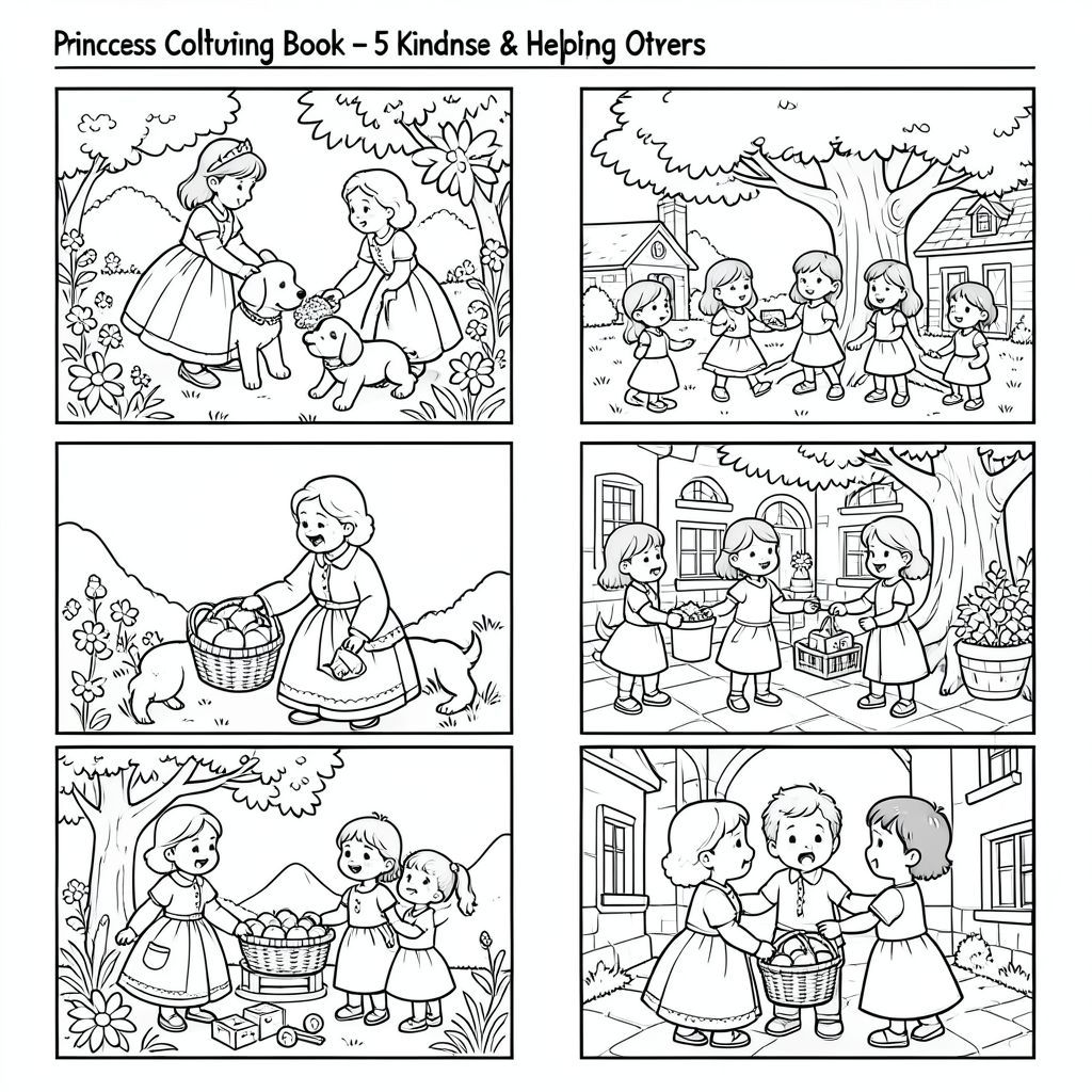 Princess Coloring Book – 5 Page Prompts
Kindness & Helping Others

Page1: Princess helping a lost puppy find its home in a flower garden.

Page2: Princess giving food to hungry village children under a big tree.

Page3: Princess helping an elderly lady carry a basket of apples.

Page4: Princess sharing toys with her friends in the castle courtyard.

Page5: Princess comforting a crying child with a gentle hug.