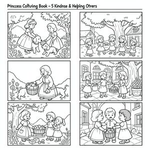 Princess Coloring Book – 5 Page Prompts
Kindness & Helping Others

Page1: Princess helping a lost puppy find its home in a flower garden.

Page2: Princess giving food to hungry village children under a big tree.

Page3: Princess helping an elderly lady carry a basket of apples.

Page4: Princess sharing toys with her friends in the castle courtyard.

Page5: Princess comforting a crying child with a gentle hug.