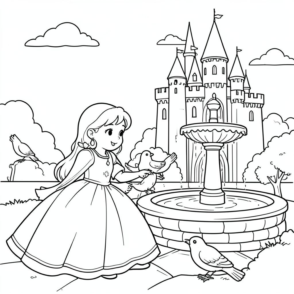 Princess feeding birds near a castle fountain.