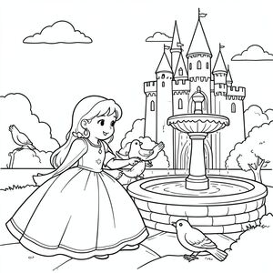 Princess feeding birds near a castle fountain.