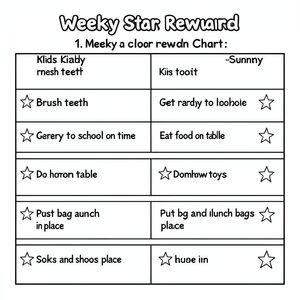 1. Weekly Star Reward Chart ⭐

Layout:

Columns for Monday – Sunday

Rows for tasks

Kids color a star when completed

Tasks examples:

Brush teeth
Get ready to school on time
Eat food on table
Do homework
Clean toys
Put bag and lunch bags in place
Socks and shoes in place
