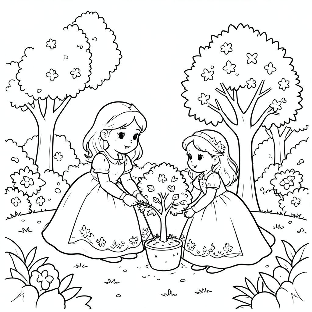 Princess planting a small tree in the royal garden.