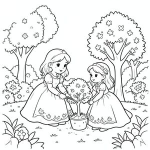 Princess planting a small tree in the royal garden.